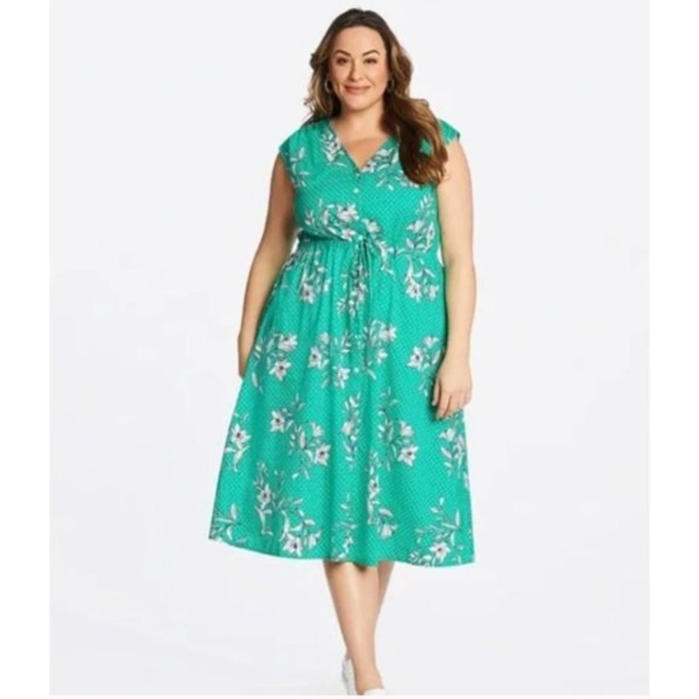 Draper James Floral polka dot Midi dress green sleeveless 2X drawstring v-neck